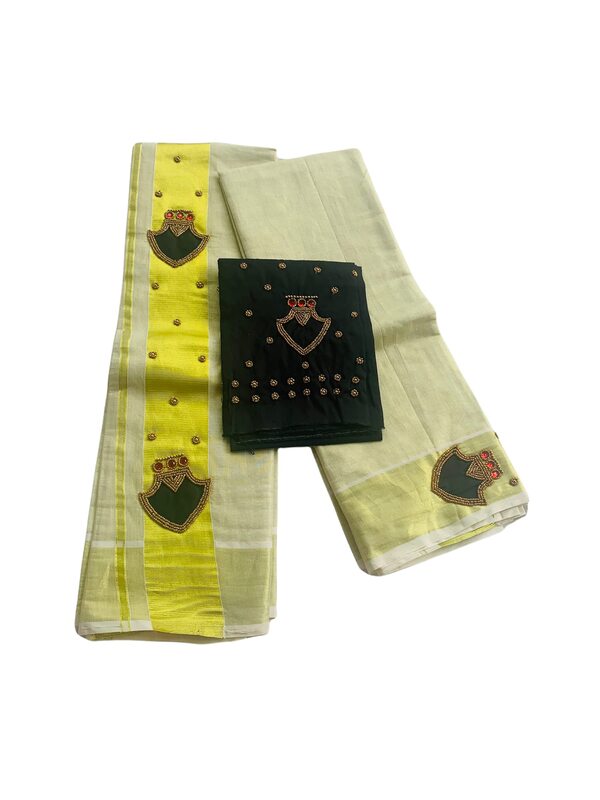 ALLUVY Kuthampully Kerala Kasavu Set Mundu For Women | Handcrafted Aari work Kerala Set Mundu | Tissue Onam Set Mundu With Blouse | Women's Zari Kasavu | EKM-598 (Black)