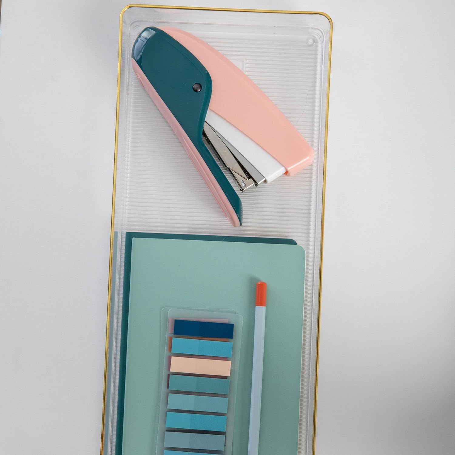 Martha Stewart Kerry Plastic Stackable Office Desk Drawer Organizers with Gold Trim