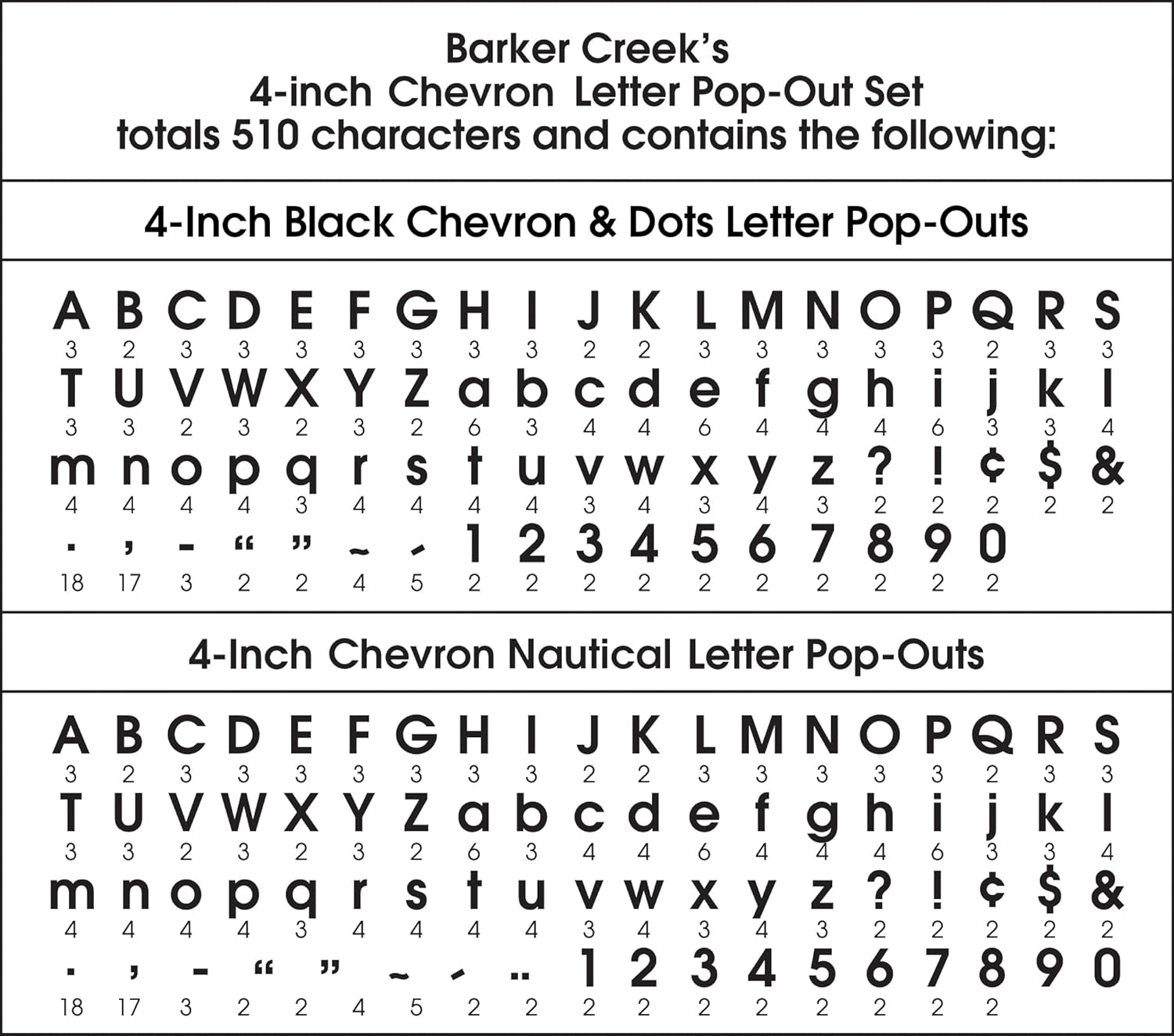 Barker Creek Letter Pop-Out Set of 2, 4" Chevron, Mixed-Design, 255 Upper and Lowercase Letters, Numbers