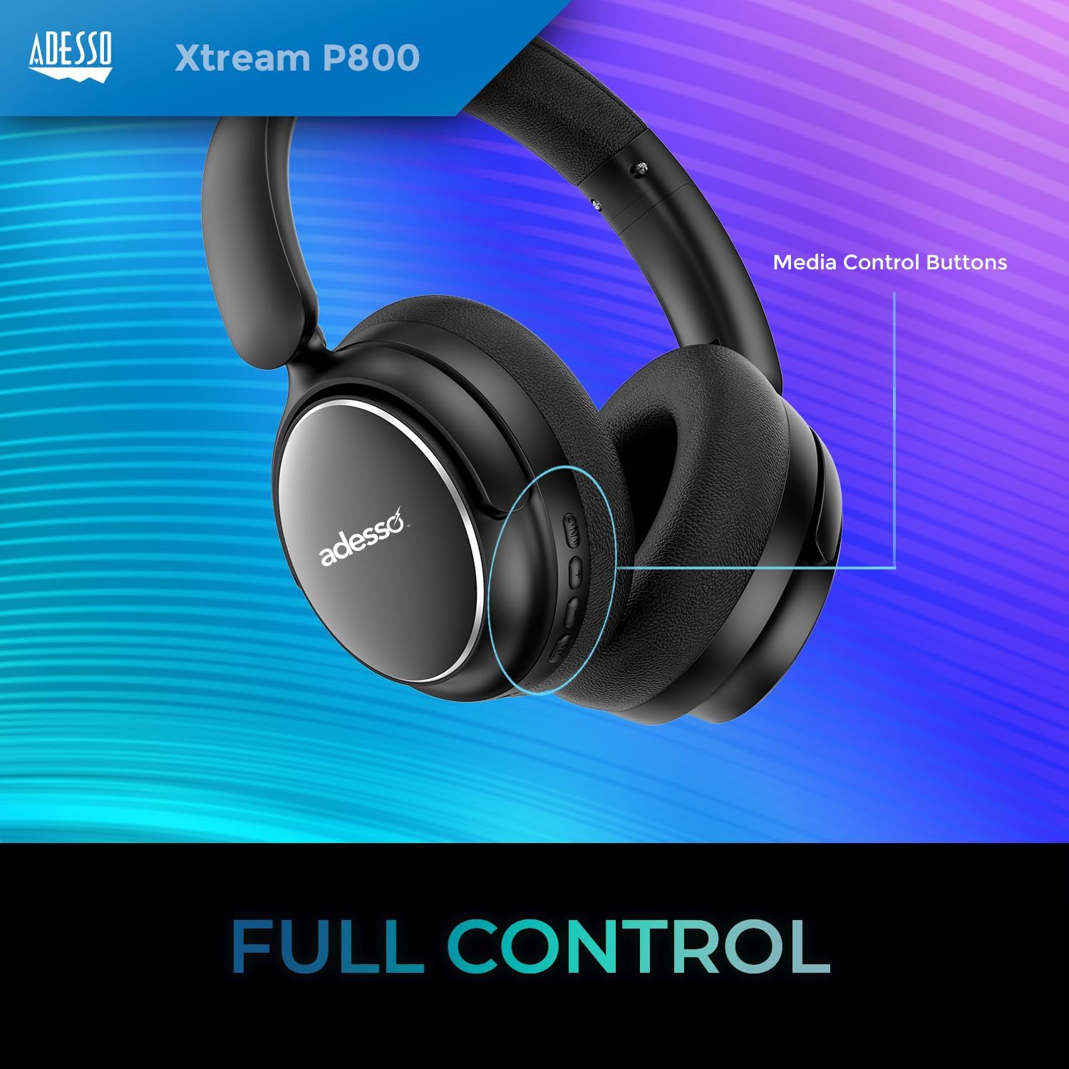 Adesso Xtream P800 Bluetooth Headphones with Active Noise Cancellation, Built-in Mic, 40H Battery, 3.5mm AUX, Foldable