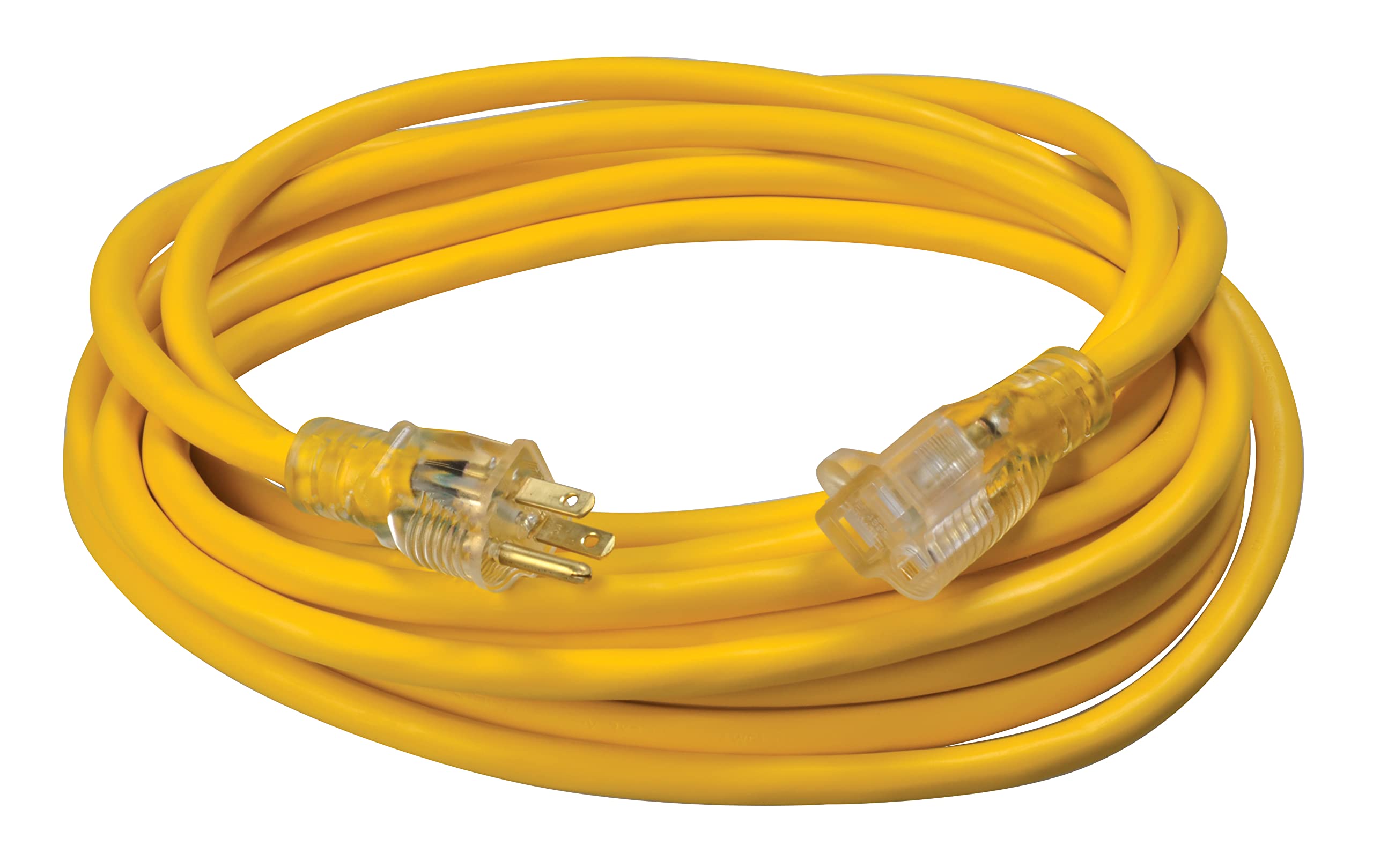 Southwire Heavy Duty Extension Cord, 25Ft, 12 Gauge, 3 Conductor, High Visibility Outdoor Cord, Lighted End, SJTW, Yellow