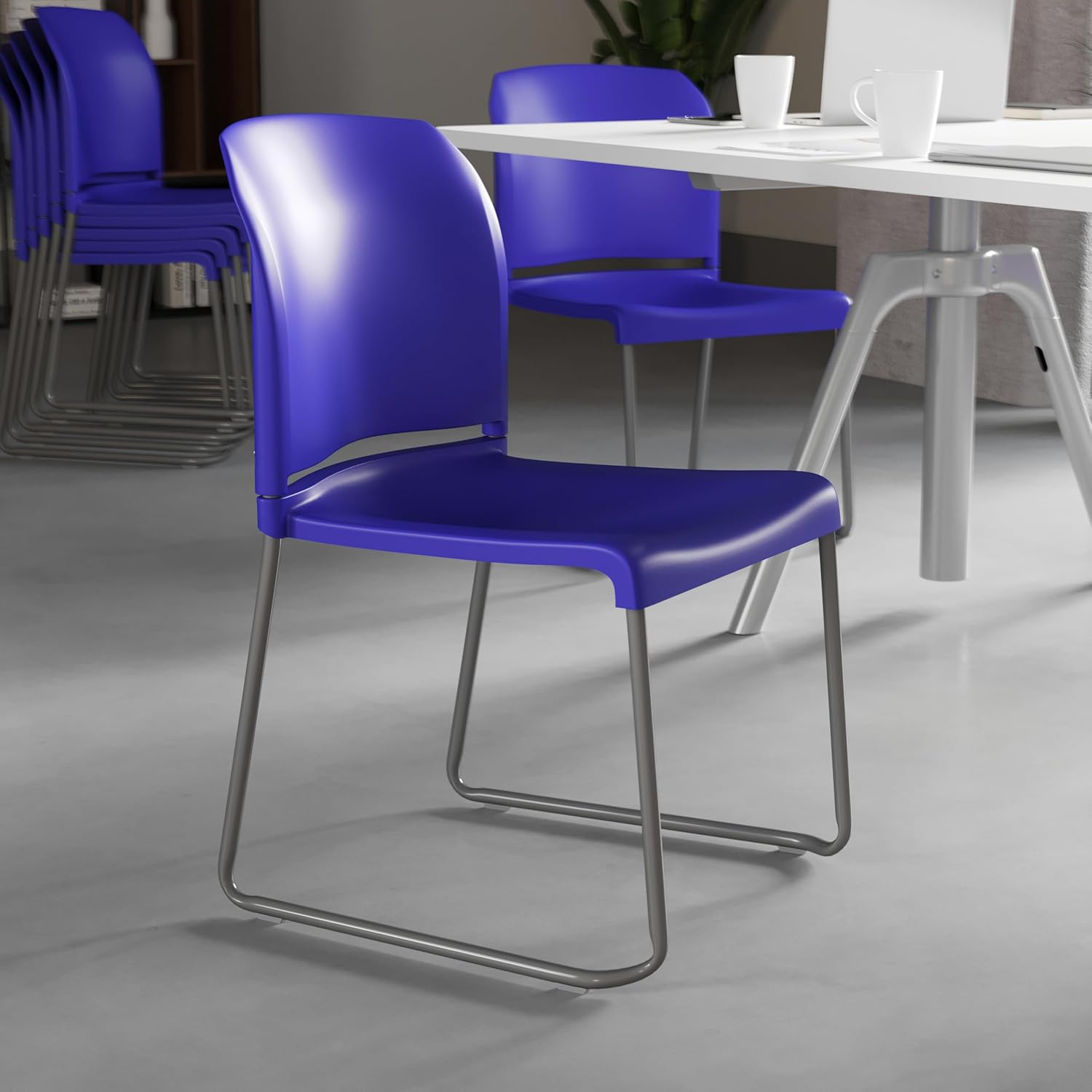 Flash Furniture Hercules Series 880 lb. Capacity Blue Full Back Contoured Stack Chair with Gray Powder Coated Sled Base