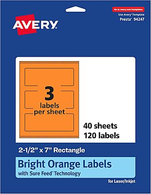 Avery Printable Rectangle Labels, Sure Feed Technology, 2.5" x 7", Bright Orange, Print-to-The-Edge, Laser/Inkjet