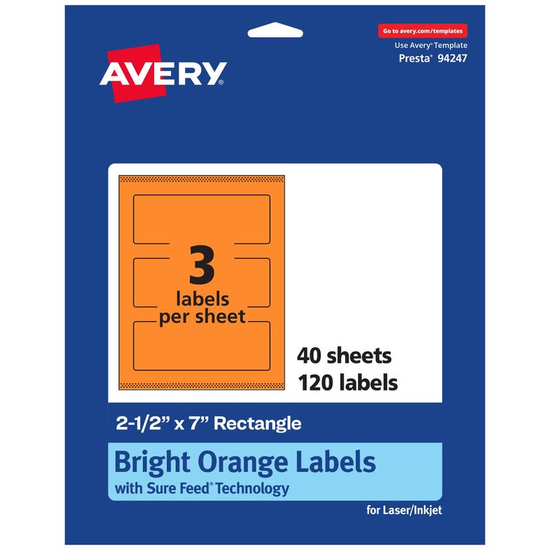 Avery Printable Rectangle Labels, Sure Feed Technology, 2.5" x 7", Bright Orange, Print-to-The-Edge, Laser/Inkjet