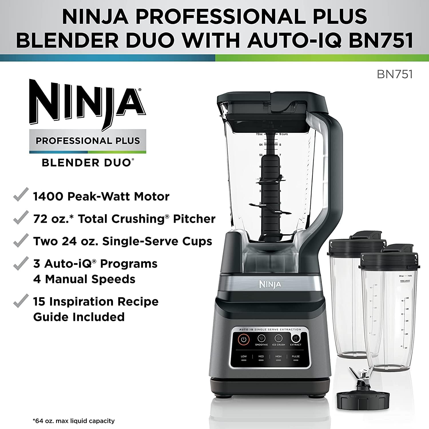 NINJA Professional Plus Blender with Auto-iQ, 1400 Peak Watts, 72-oz Total Crushing Pitcher