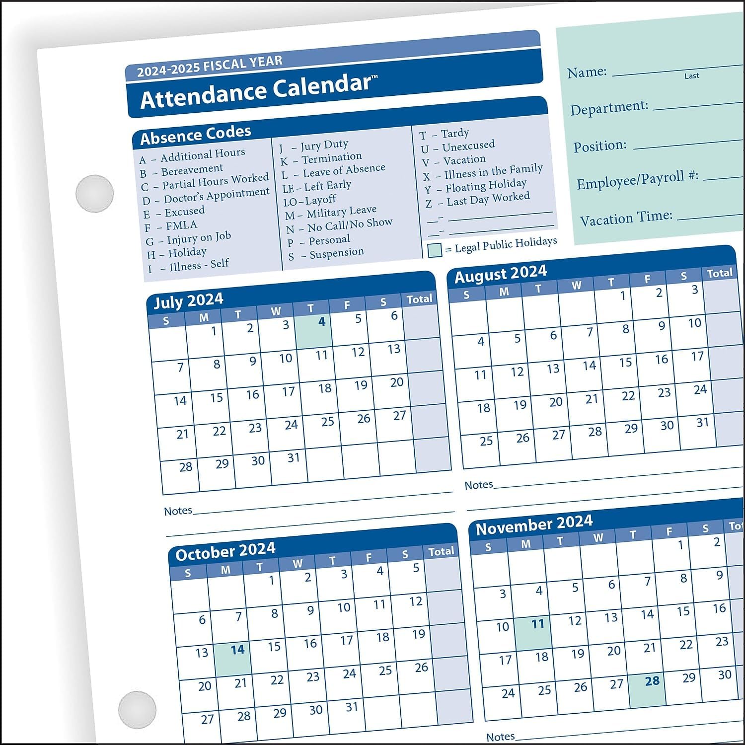 ComplyRight 2025-2026 Fiscal Attendance Calendar, 8 1/2in x 11in, Pack Of 50