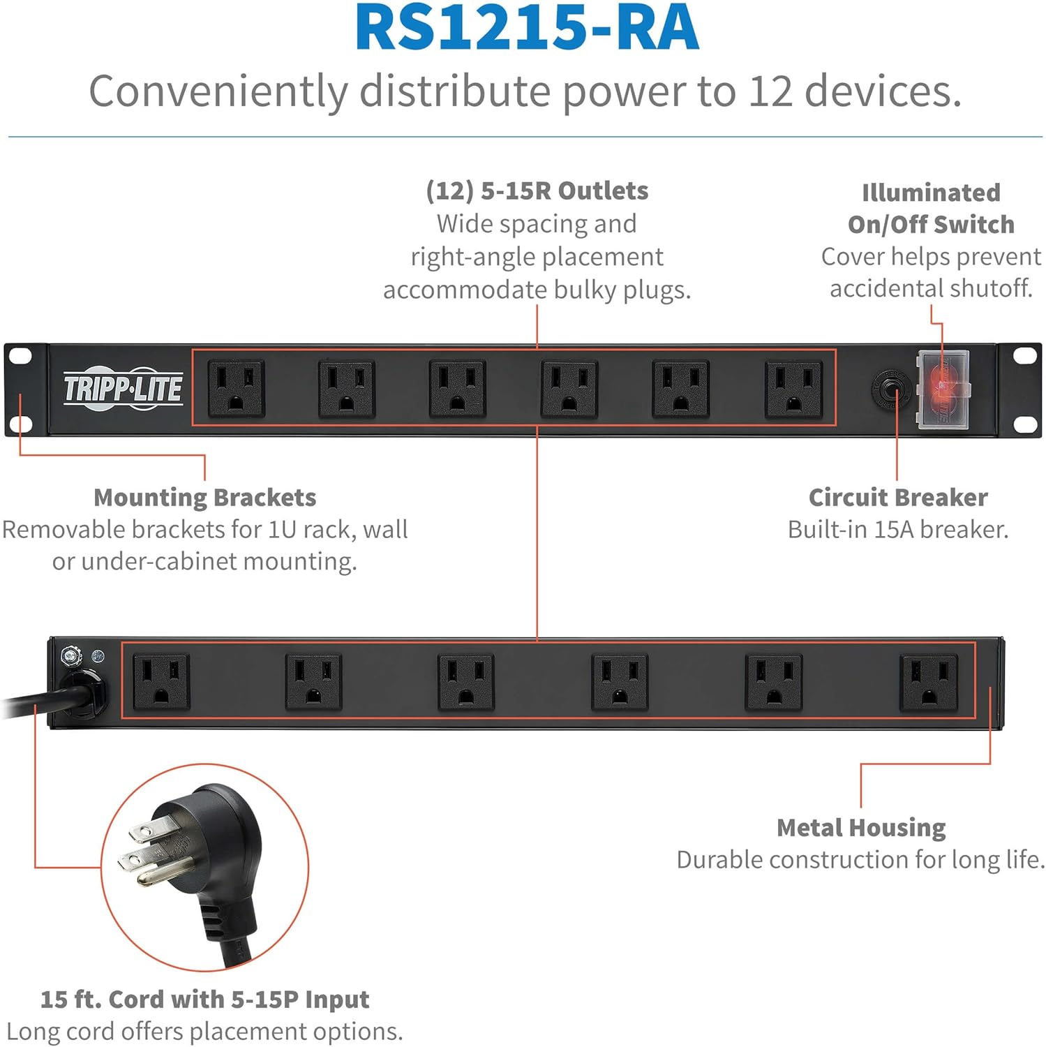 Tripp Lite 1U Rackmount Power Strip PDU, 15A 120V, 15ft Cord