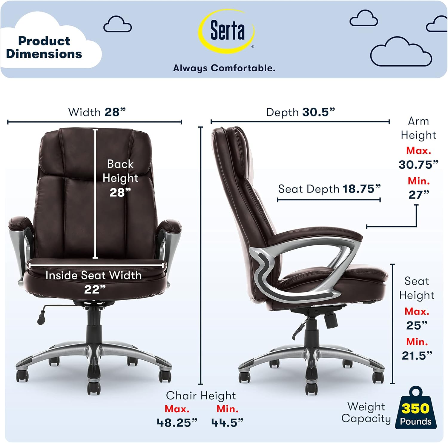 Serta Big and Tall High Back Executive Office Chair, Ergonomic Gaming Computer Chair with Layered Body Pillows