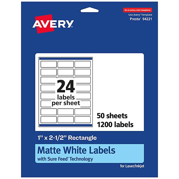 Avery Matte White Rectangle Labels, Sure Feed Technology, 1\" x 2.5\"