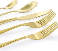 MegaChef La Vague 20 Piece Flatware Utensil Set, Stainless Steel Silverware Metal Service for 4 in Matte Gold