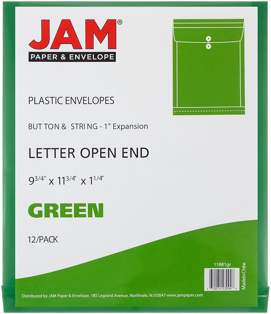 JAM PAPER Open-End Plastic Envelopes, Button & String