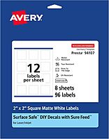 Avery Durable Removable Square Labels, Sure Feed Technology, 2" x 2", Matte White Film, Water-Resistant, Print-to-The-Edge, Laser/Pigment-Based Inkjet Printable, 96 Total 96 labels