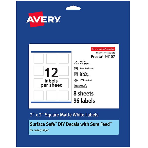 Avery Durable Removable Square Labels, Sure Feed Technology, 2" x 2", Matte White Film, Water-Resistant, Print-to-The-Edge, Laser/Pigment-Based Inkjet Printable, 96 Total 96 labels