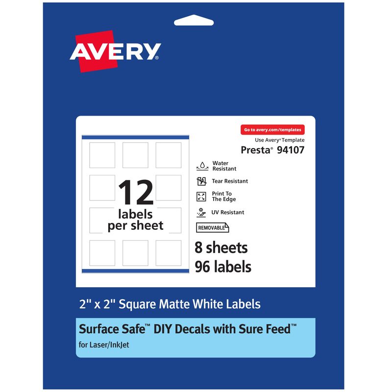 Avery Durable Removable Square Labels, Sure Feed Technology, 2" x 2", Matte White Film, Water-Resistant, Print-to-The-Edge, Laser/Pigment-Based Inkjet Printable, 96 Total 96 labels