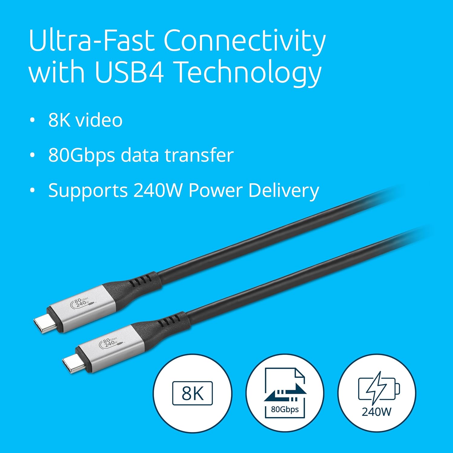 Kensington USB4® Cable 1.5m, 80Gbps, Supports up to 8K Video, up to 240W Power Delivery (PD 3.1)
