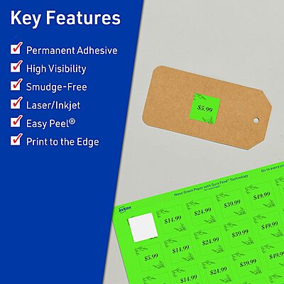 Avery Printable Square Labels, Sure Feed Technology, 1" x 1", Neon Green, Print-to-the-Edge, Laser/Inkjet Printable