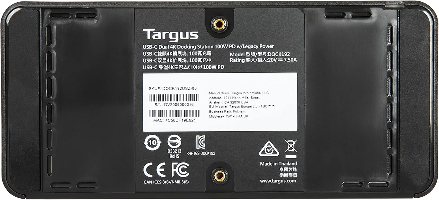 Targus USB C Docking Station Universal DV4K, USB C Laptop Docking Station Dual Monitor 2 HDMI, with Legacy Host Power Kit
