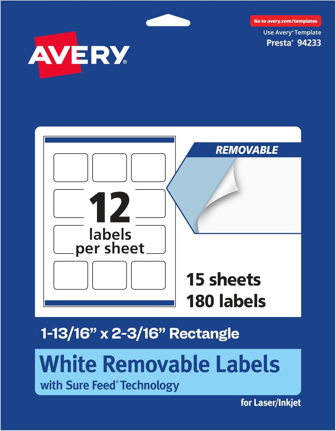 Avery Matte White Removable Rectangle Labels, Sure Feed Technology, Print-to-The-Edge, 1-13/16" x 2-3/16"