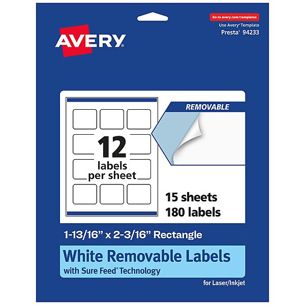 Avery Matte White Removable Rectangle Labels, Sure Feed Technology, Print-to-The-Edge, 1-13/16" x 2-3/16"