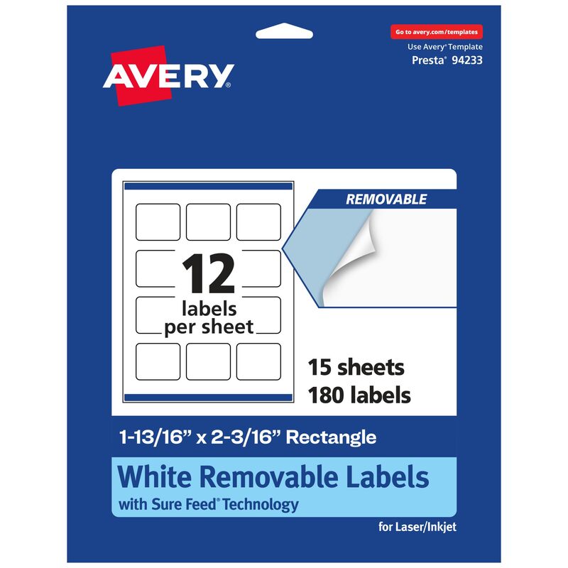 Avery Matte White Removable Rectangle Labels, Sure Feed Technology, Print-to-The-Edge, 1-13/16" x 2-3/16"