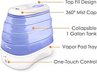 Crane Collapsible Cool Mist Humidifier for Bedroom and Office, 1 Gallon Portable Humidifier for Travel and Easy Storage
