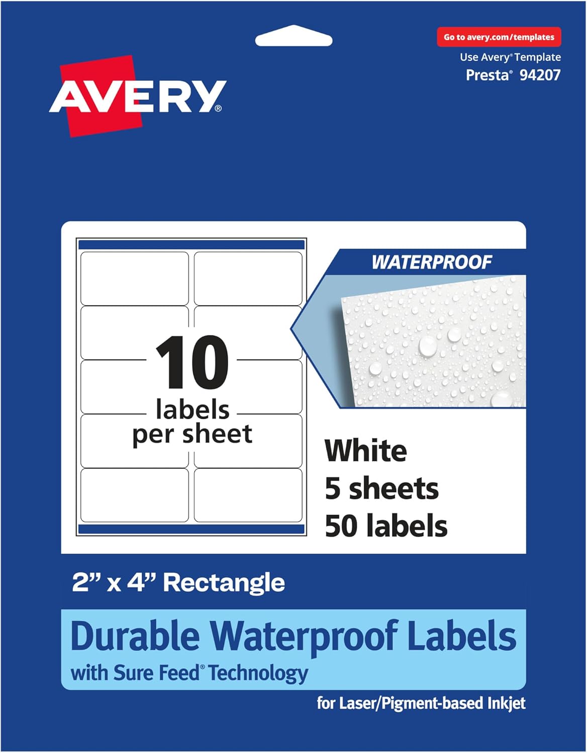 AVERY Durable Waterproof Rectangle Labels, Sure Feed Technology, 2" x 4"
