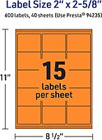 AVERY Bright Orange Rectangle Labels with Sure Feed Technology, 2" x 2-5/8", Matte, Printable