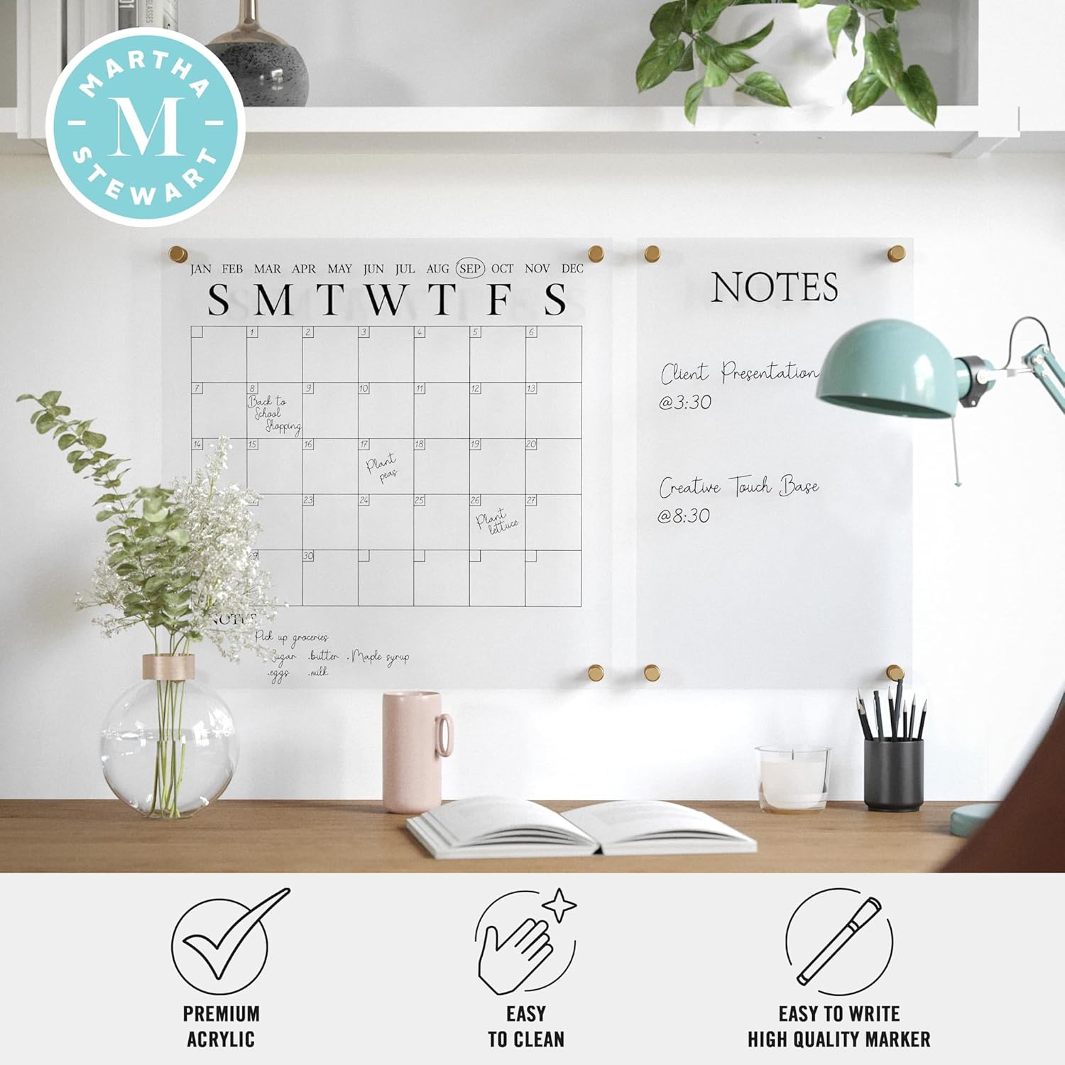 Martha Stewart Grayson Acrylic Wall Calendar and Notes Board with Dry Erase Marker