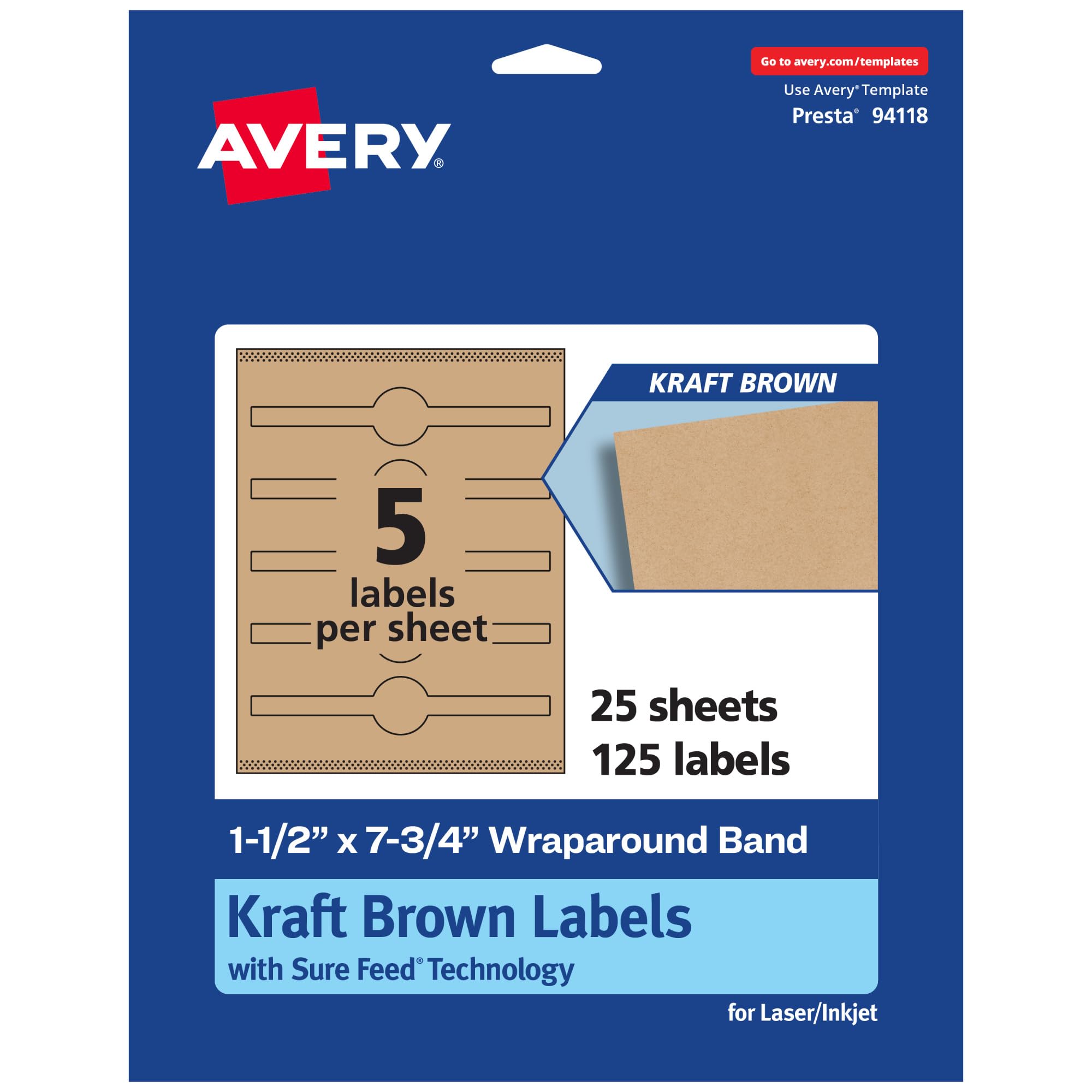 Avery Kraft Brown Wraparound Band Labels, Sure Feed Technology, 1.5 x 7.75, Cigar Band Labels