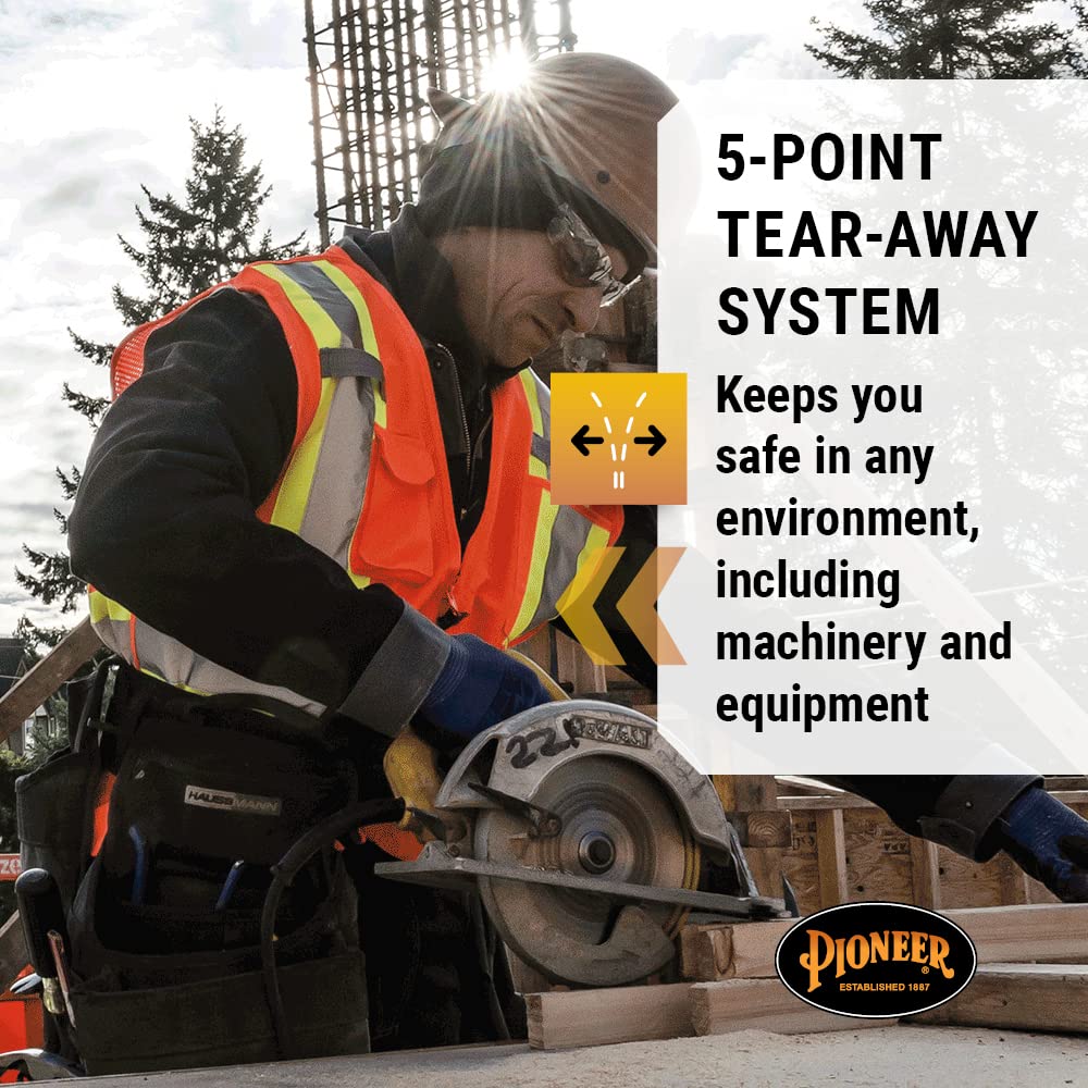 Pioneer Hi Vis Tear-Away Mesh Back Safety Vest - Reflective Tape, 4 Pockets