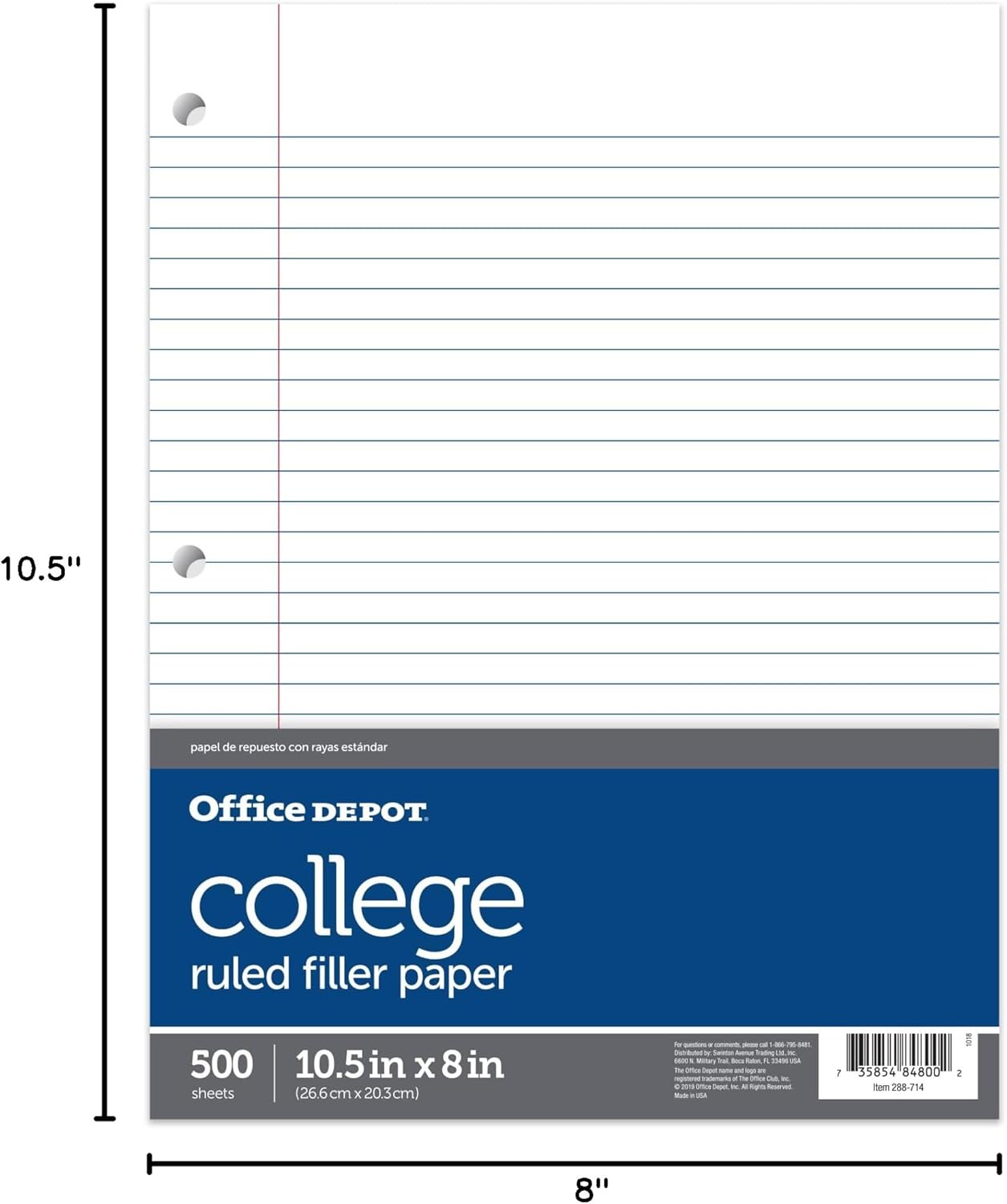 Office Depot® Brand Notebook Filler Paper, College Ruled, 8" x 10 1/2", White, Pack Of 500 Sheets