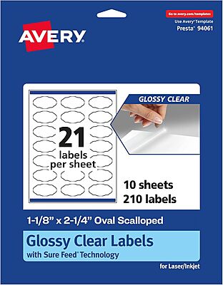 Avery Glossy Clear Oval Scalloped Labels, Sure Feed Technology, 1-1/8" x 2-1/4", Print-to-The-Edge, Laser/Inkjet Printable