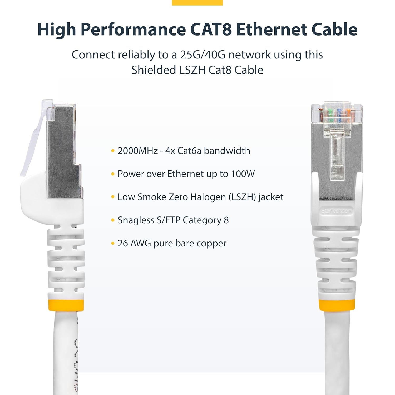 StarTech.com 1ft White CAT8 Ethernet Cable, Snagless RJ45, 25G/40G, 2000MHz, 100W PoE++, S/FTP, 26AWG Pure Bare Copper, LSZH
