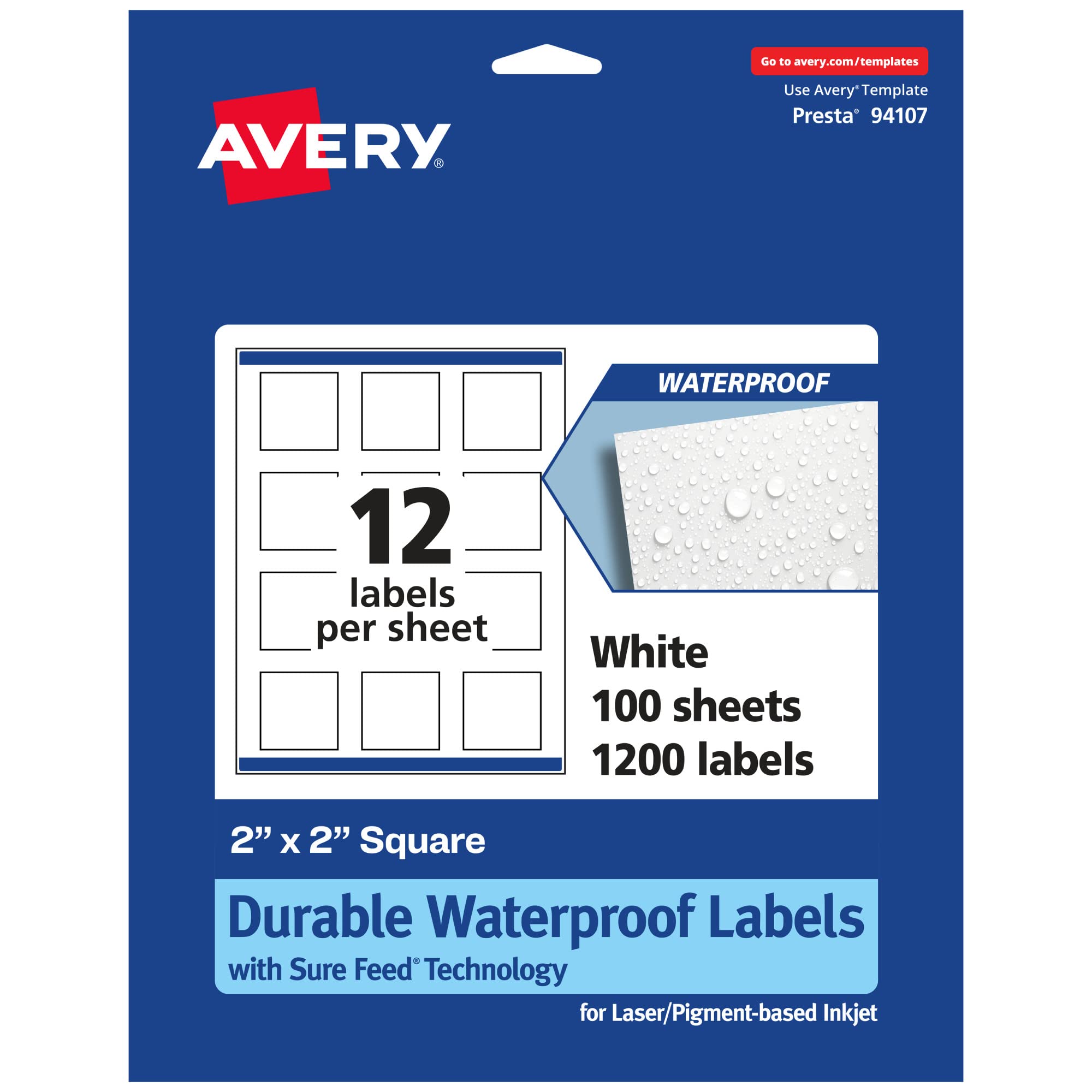 Avery Durable Waterproof Square Labels, Sure Feed Technology, 2" x 2", Print-to-The-Edge