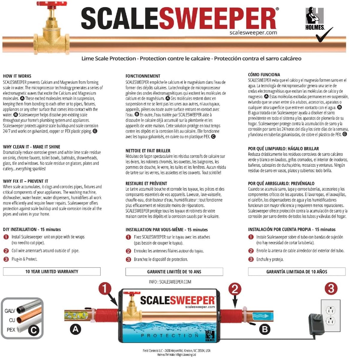 SCALESWEEPER Water Descaler | Electronic Water Conditioner Installs Where Water Enters Home to Protect Plumbing