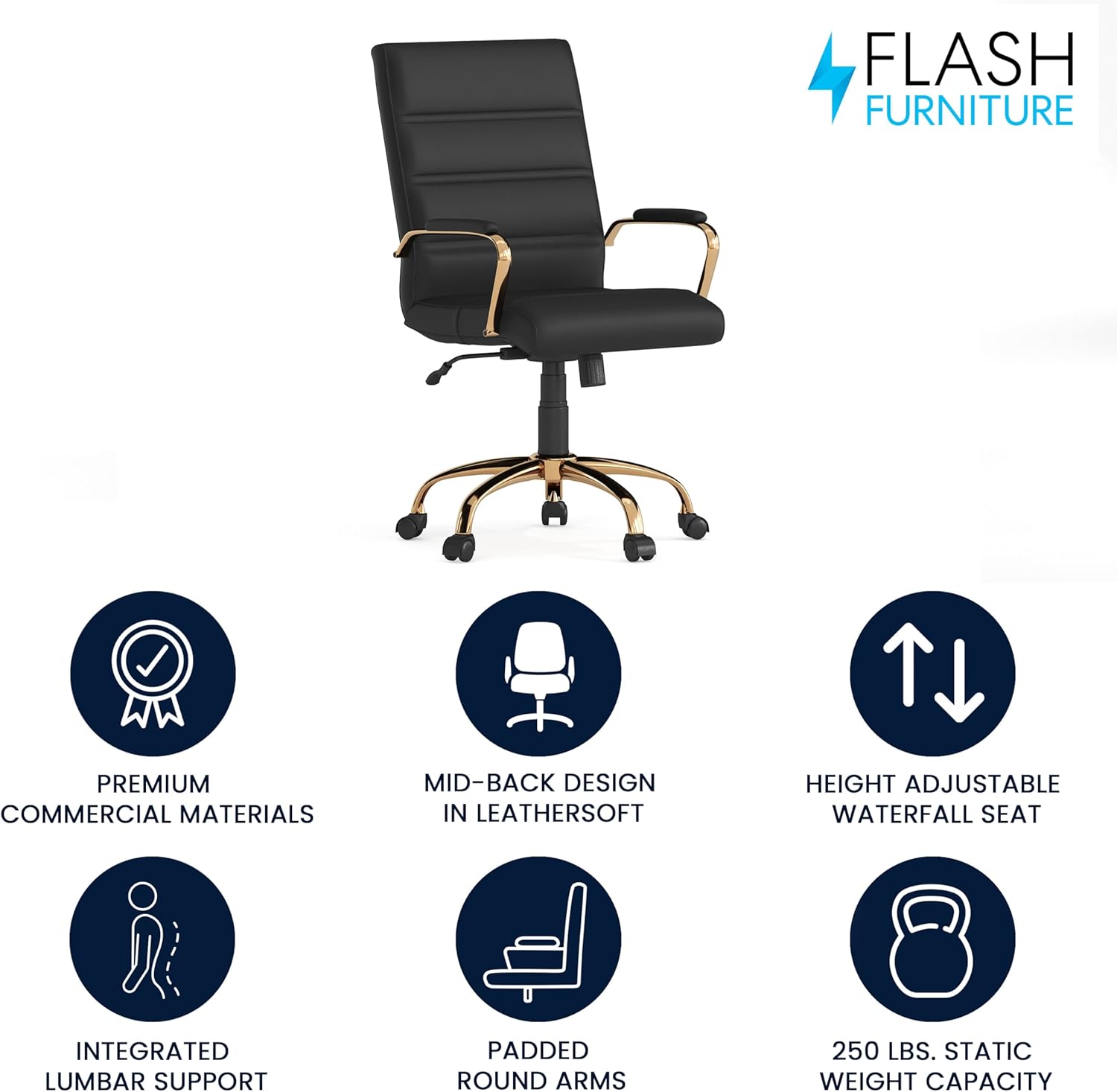 Flash Furniture Whitney Mid-Back Swivel LeatherSoft Desk Chair with Padded Seat and Armrests