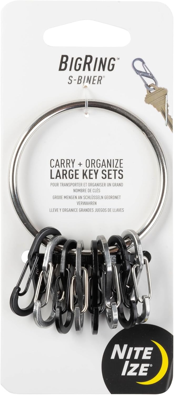 Nite Ize BigRing Steel S-Biner - Key Holder with Carabiners - Heavy-Duty Organizer with Black & Stainless Steel S-Biners