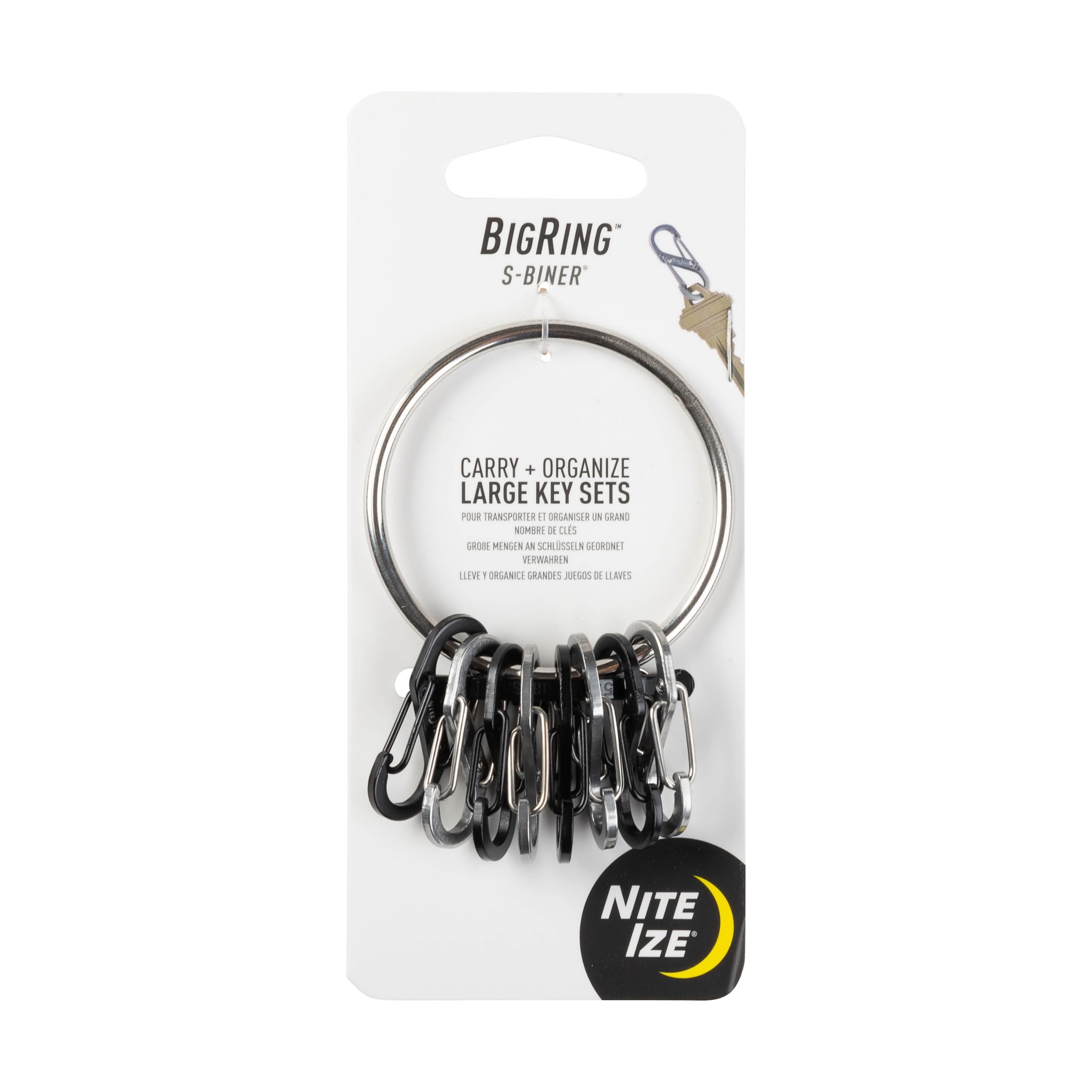 Nite Ize BigRing Steel S-Biner - Key Holder with Carabiners - Heavy-Duty Organizer with Black & Stainless Steel S-Biners