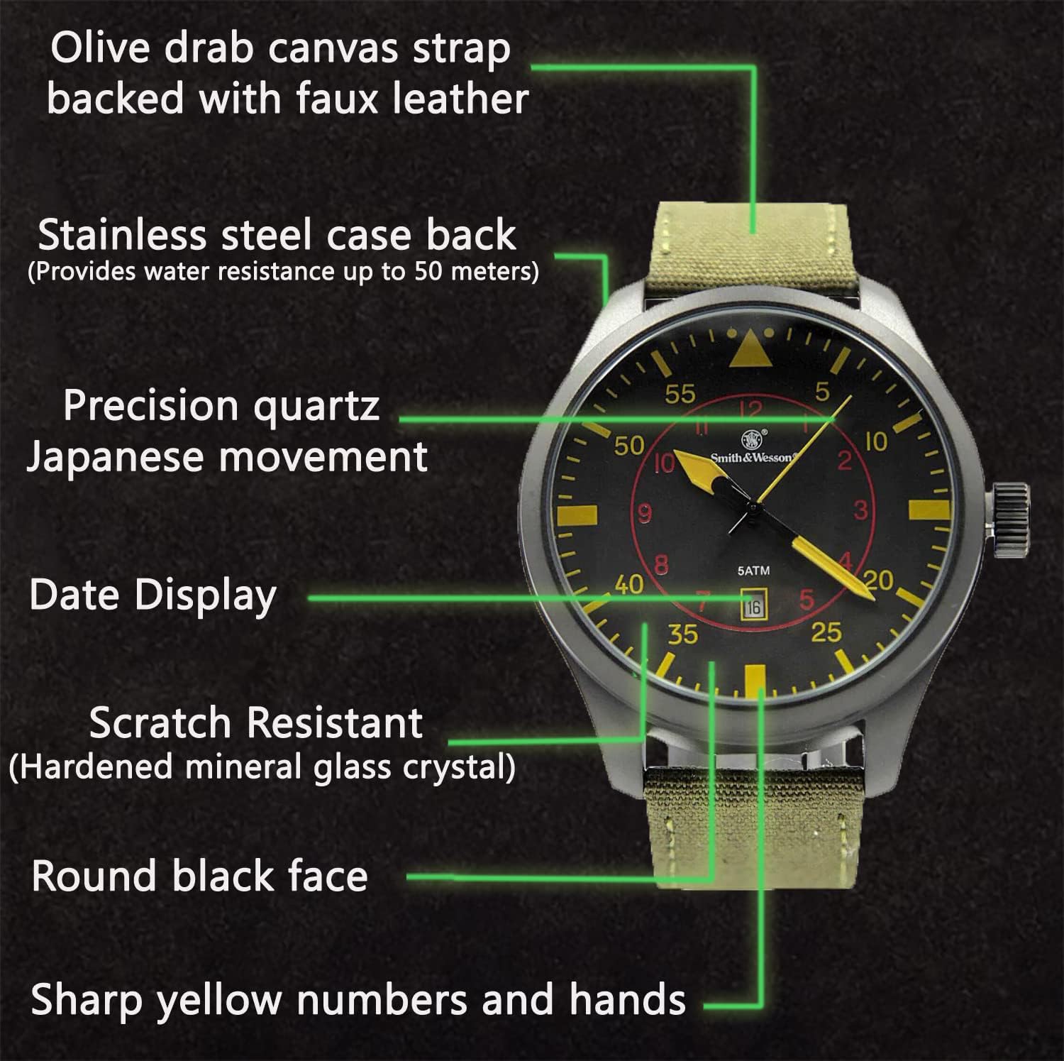 Smith & Wesson Men's N.A.T.O. Watch, 5ATM, Japanese Movement, Stainless Steel, Water Resistant, Tactical Watch