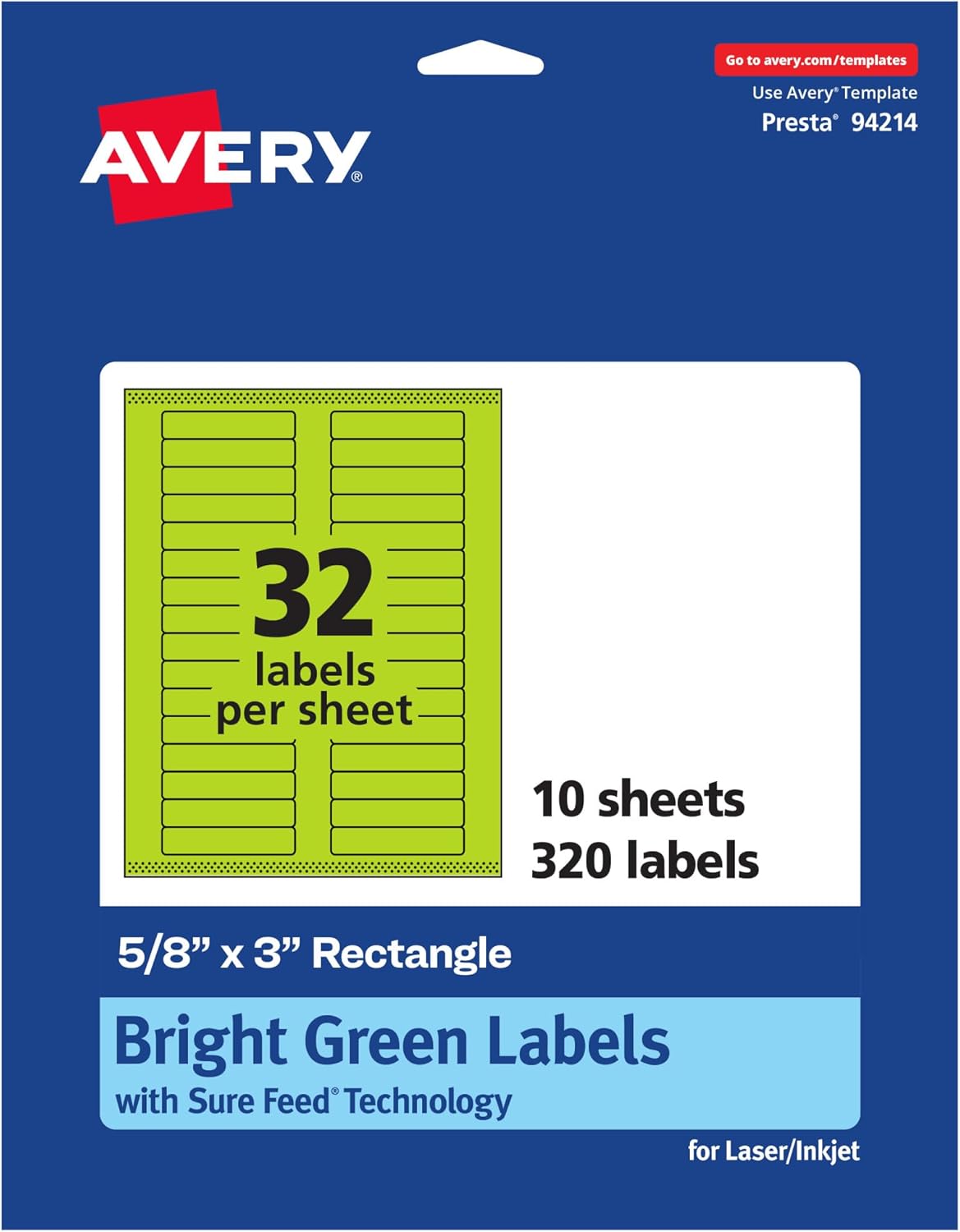 Avery Printable Rectangle Labels, Sure Feed Technology, 5/8" x 3", Bright Green