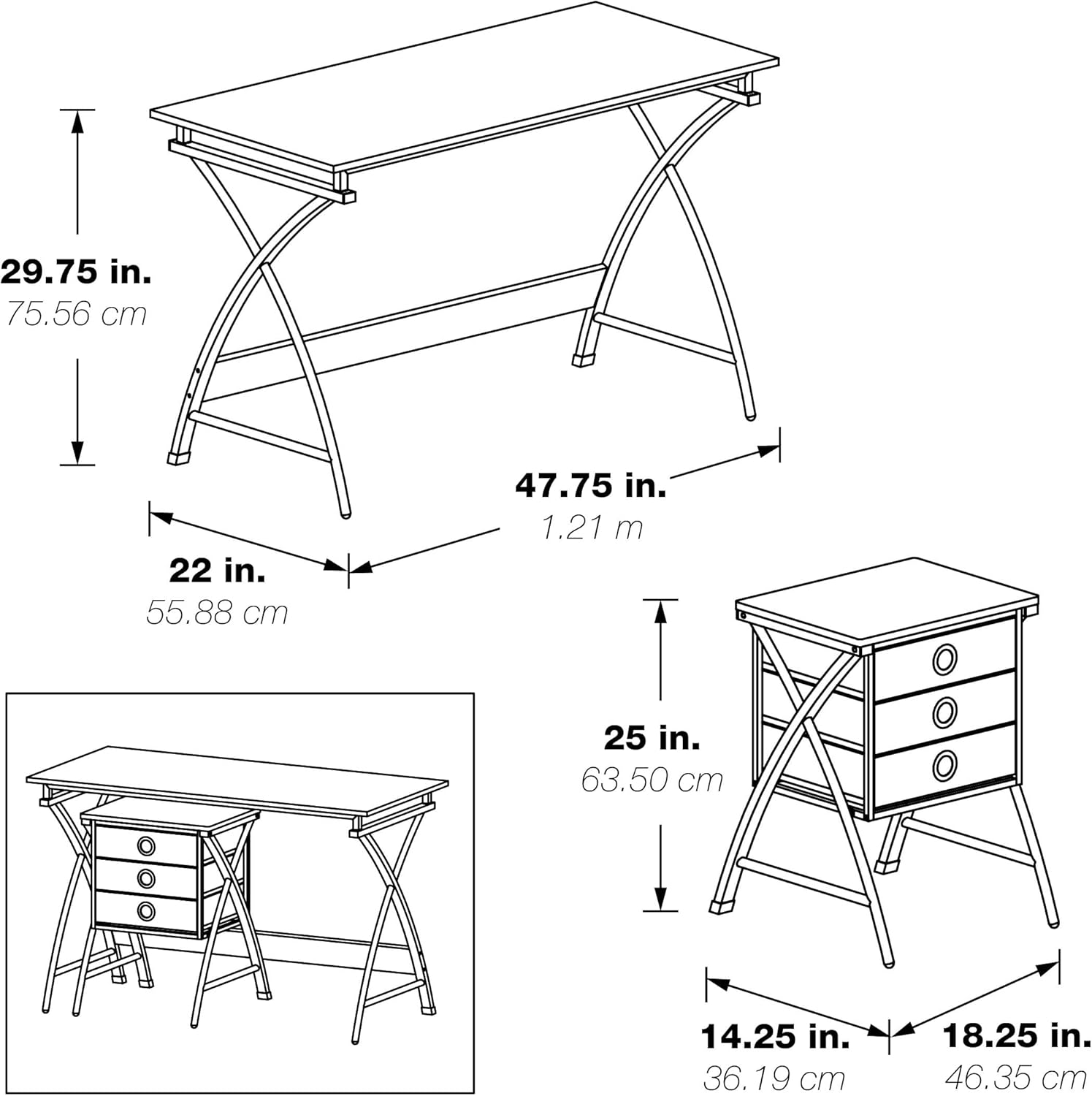 OSP Home Furnishings Olympic Utility Home Office Desk with Nesting 3-Drawer Storage Stand