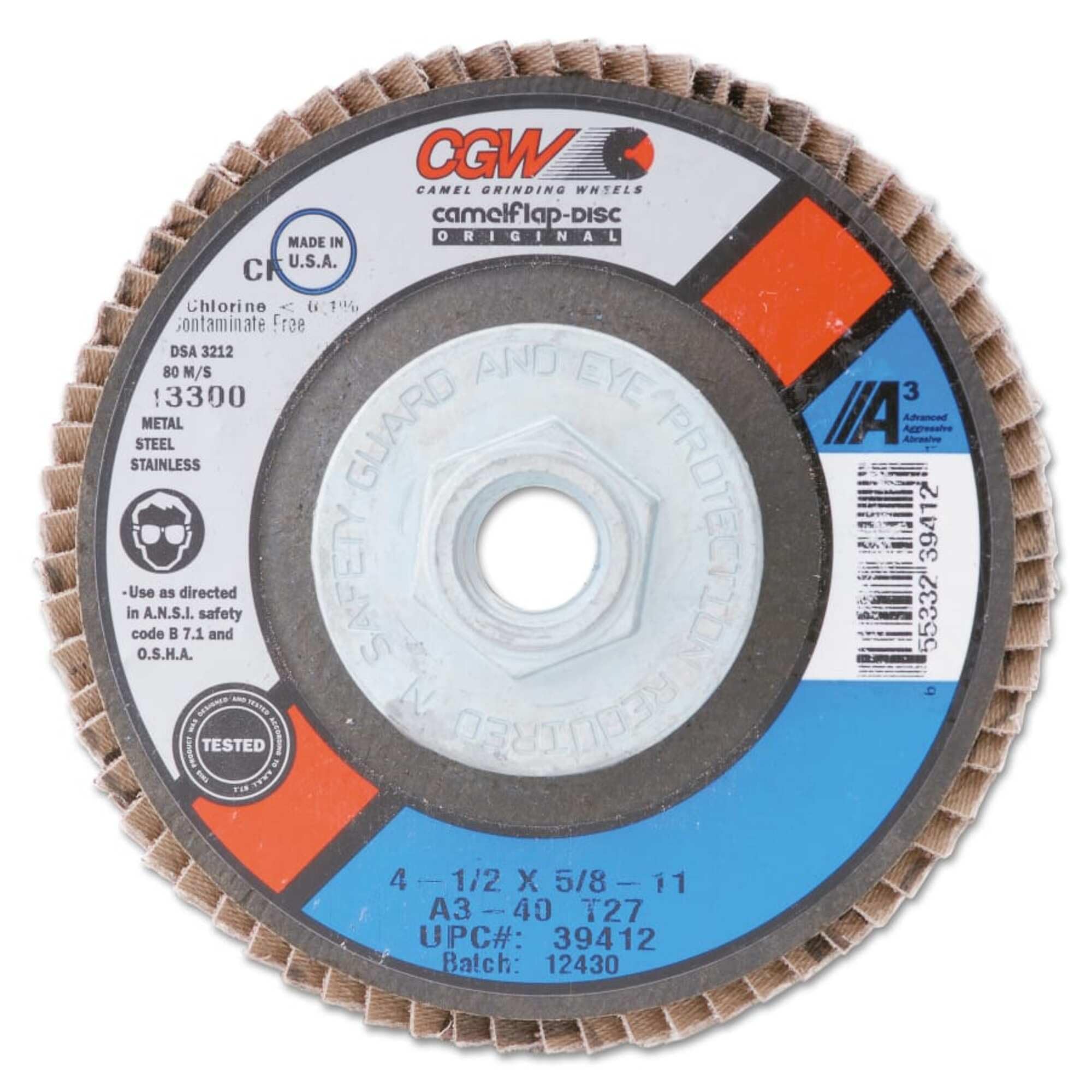 4 1/2 in (OD) Regular 27 Depressed Center AO Flap Disc, 40 (Medium), 5/8-11 inches Arbor (421-39412)
