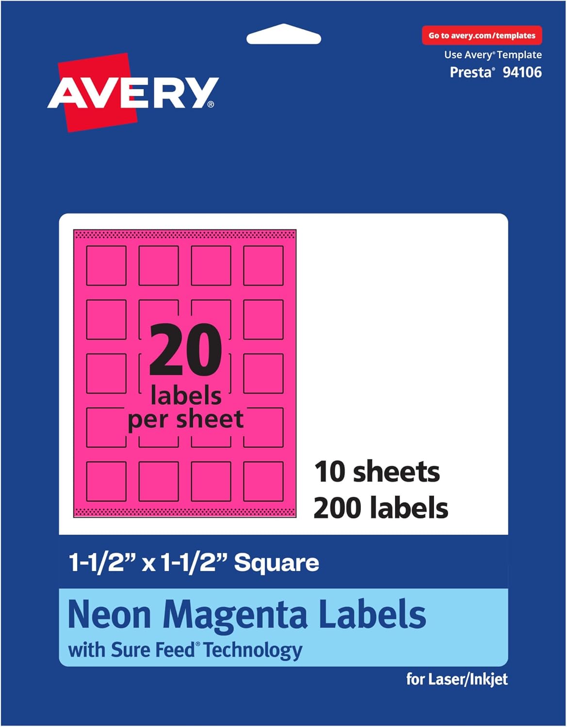 Avery Printable Square Labels, Sure Feed Technology, 1-1/2" x 1-1/2", Neon Magenta, Print-to-The-Edge, Laser/Inkjet Printable