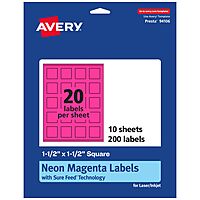 Avery Printable Square Labels, Sure Feed Technology, 1-1/2" x 1-1/2", Neon Magenta, Print-to-The-Edge, Laser/Inkjet Printable