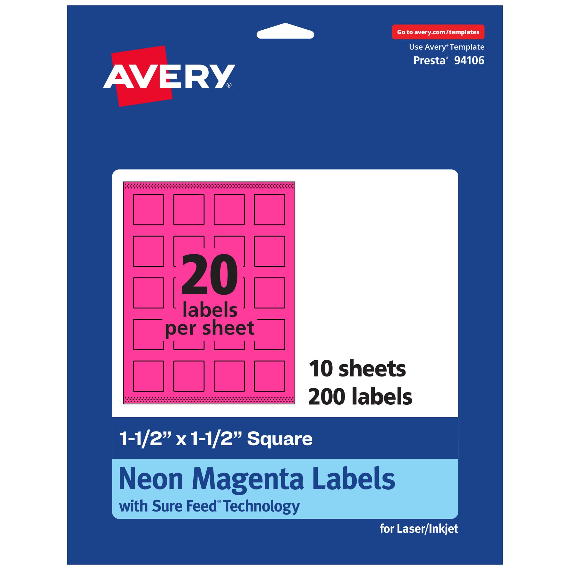 Avery Printable Square Labels, Sure Feed Technology, 1-1/2" x 1-1/2", Neon Magenta, Print-to-The-Edge, Laser/Inkjet Printable