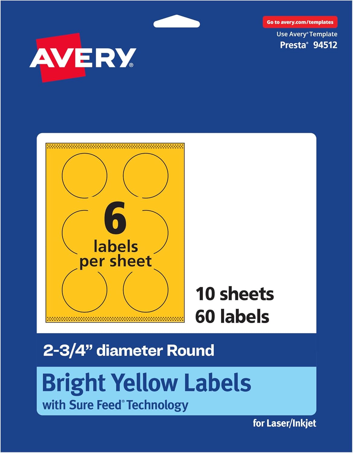 Avery Printable Round Labels, Sure Feed Technology, 2-3/4" Diameter, Bright Yellow Labels, Print-to-The-Edge
