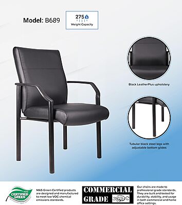 Boss Office Products Mid Back LeatherPlus Guest Chair in Black, 250 lbs