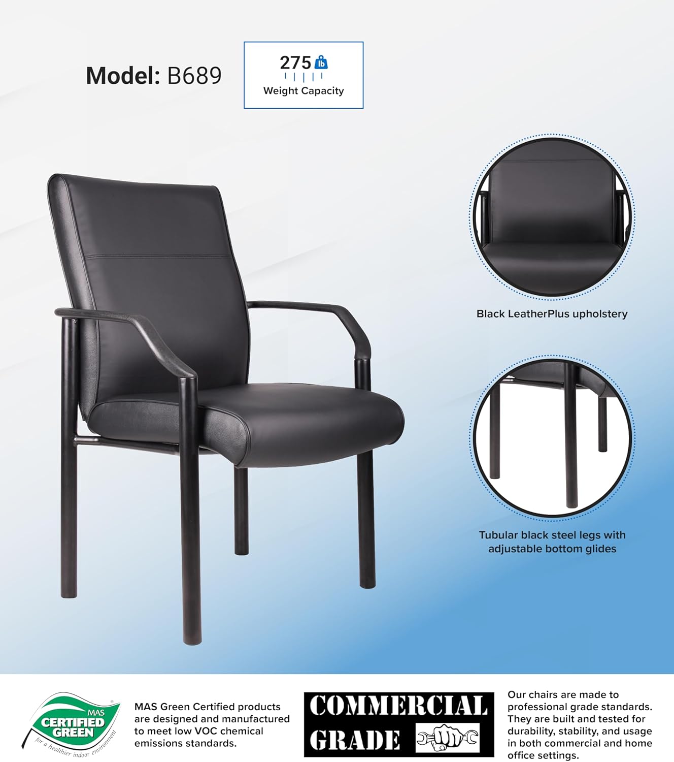 Boss Office Products Mid Back LeatherPlus Guest Chair in Black, 250 lbs