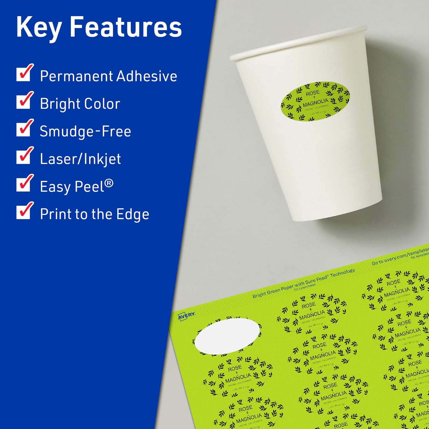 AVERY Printable Oval Labels, Sure Feed Technology, 1-1/8" x 2-1/4", Bright Green, Print-to-The-Edge, Laser/Inkjet Printable