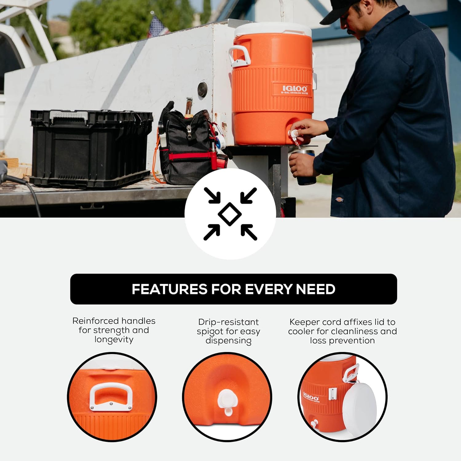 Igloo 5 Gallon Portable Sports Cooler Water Beverage Dispenser with Flat Seat Lid, Insulated Beverage Dispenser, Orange/White